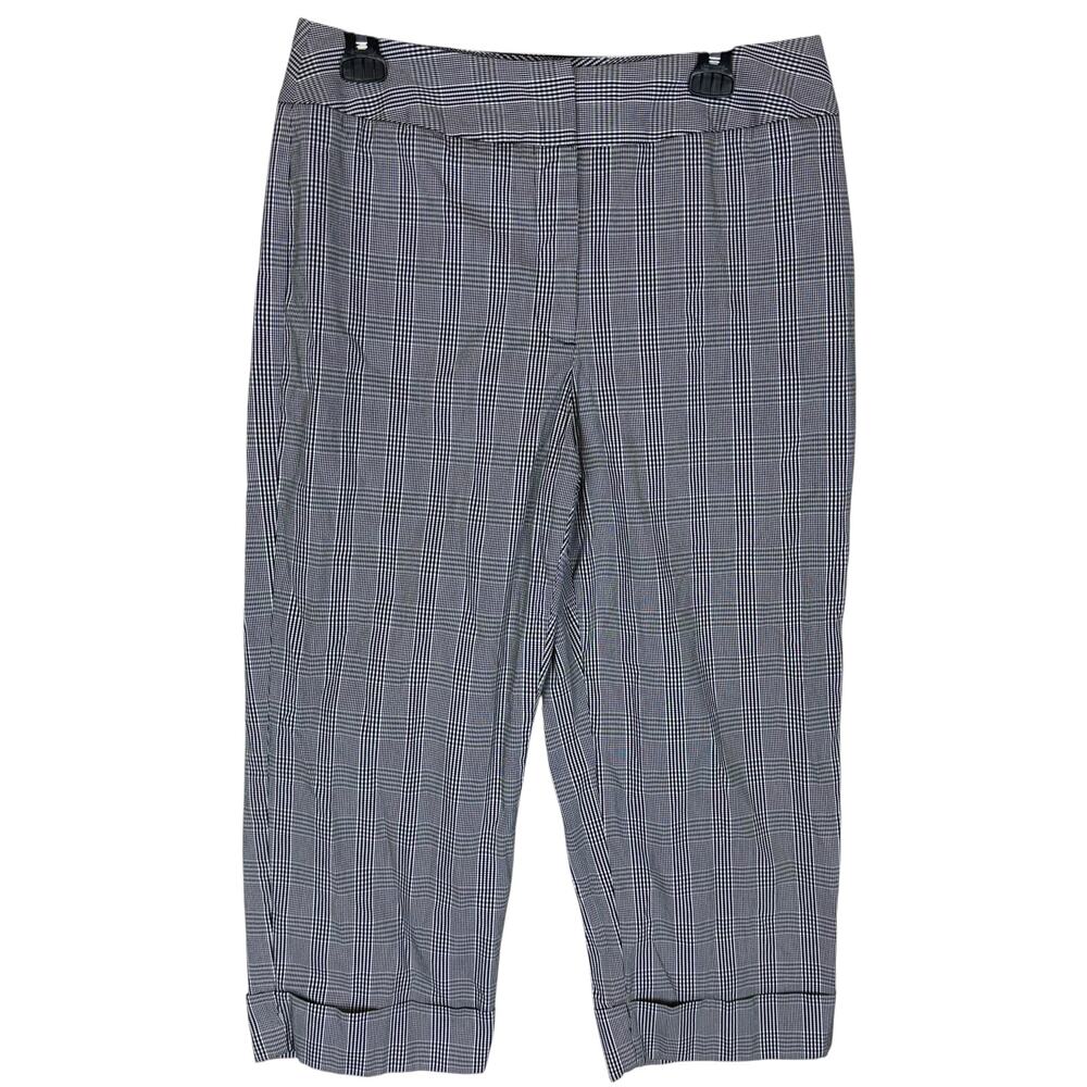 Liz‎ Claiborne Audra Pants Womens 12 White Black Plaid Stretch Cuffed Wide Leg